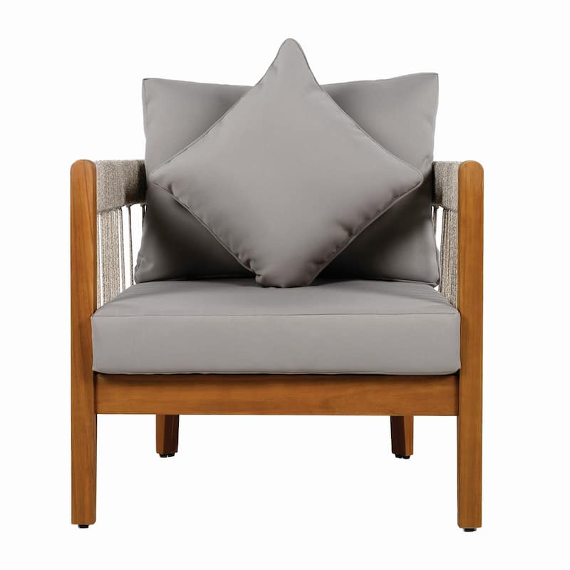 Acacia Wood Outdoor Club Chair with Handwoven Rope Accents and Curved Backrest