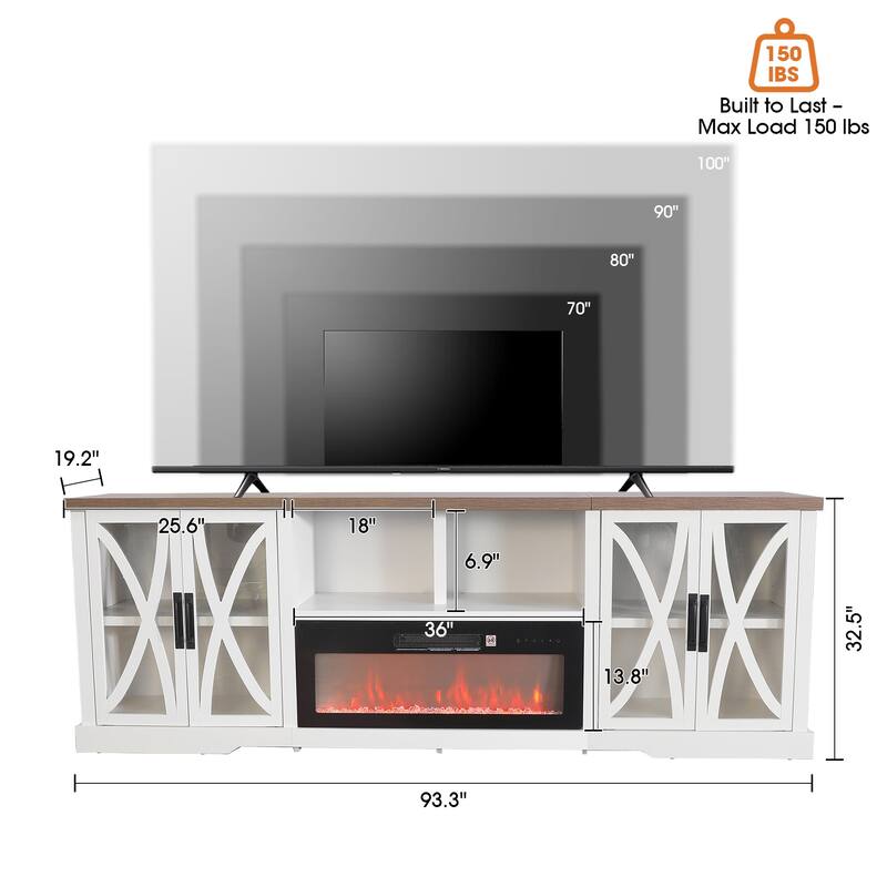 93" Farmhouse White Barn Door Storage Cabinets Fireplace TV Stand with 36" Electric Fireplace for TVs Up to 100"