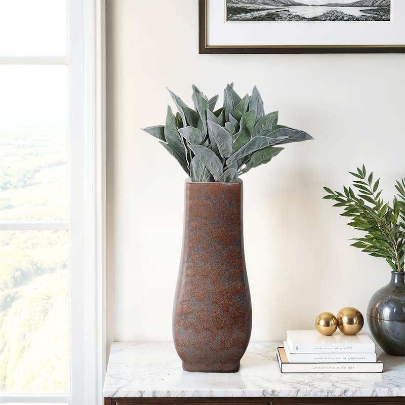 Metal Vase Geometric Textured Design and Sculptural Curved Silhouette - 6" x 6" x 14"