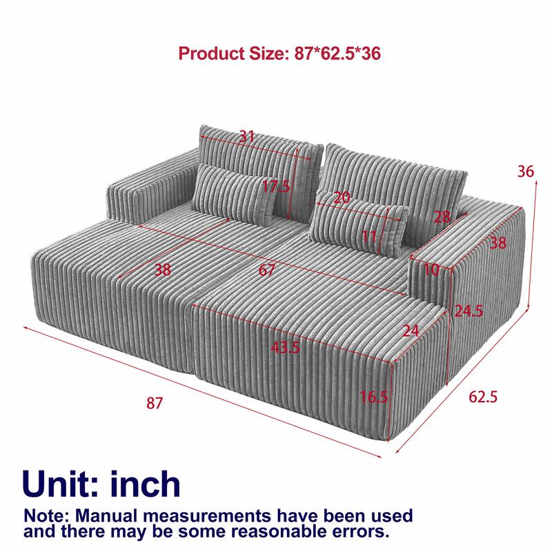 Roomfitters 87" Modern Corduroy Lounge Chaise, Cloud Plush Loveseat Sofa, No Assembly Reclining Sleeper Sofa