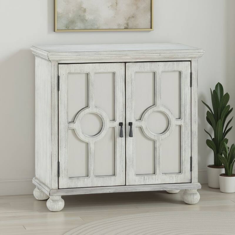 Anik Accent Cabinet, 2 Mirror Inlaid Glass Door, Antique White Wood