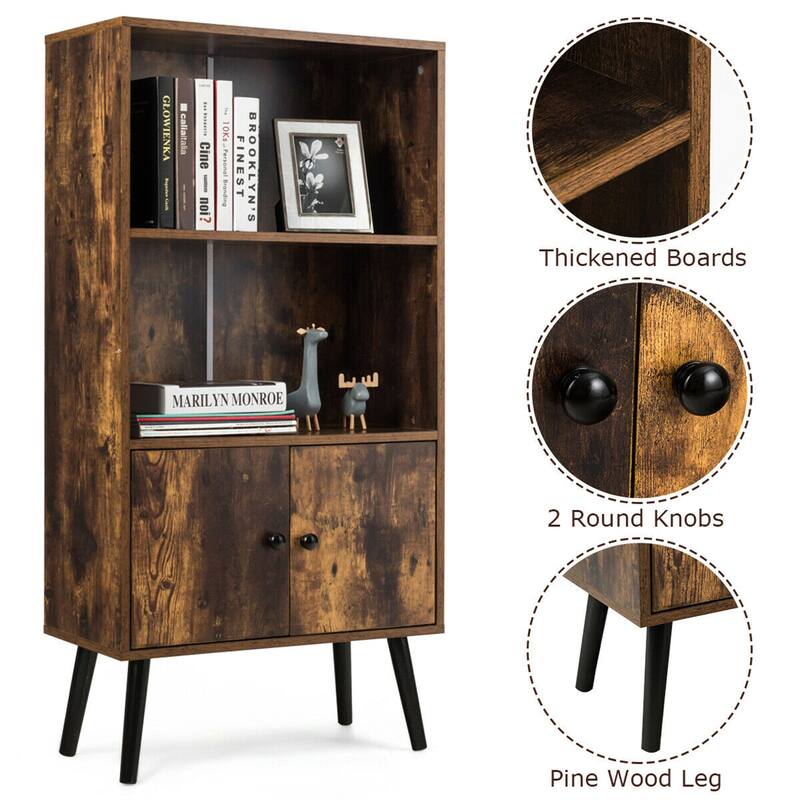 Gymax 2-Tier Retro Bookcase Bookshelf w/3 Compartment&2 Doors - See Details