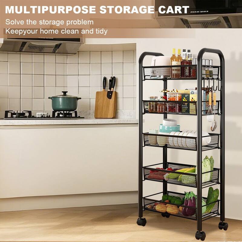 5-Tier Utility Rolling Cart On Wheels Storage Shelf for Narrow Space, Kitchen