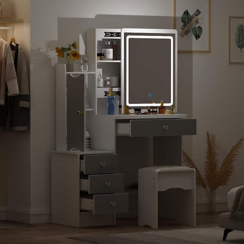 Timechee Makeup Vanity Set with Sliding Lighted Mirror Dressing Table - 33"L x 15.7"W x 52.4"H