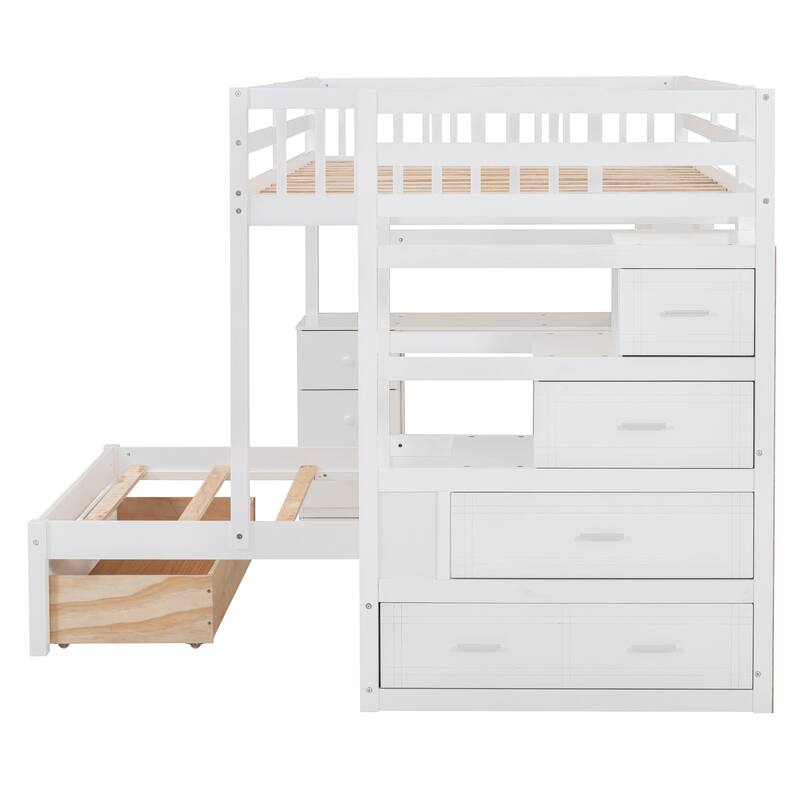 Full Over Twin Bunk Bed with Desk, Drawers, and Shelves in White