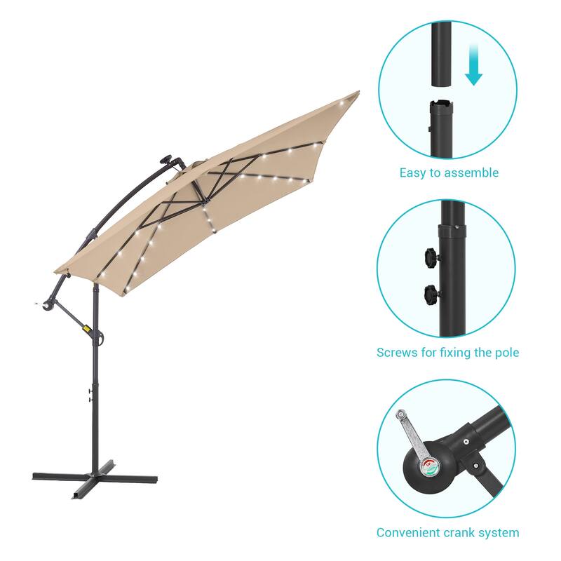 BONOSUKI Patio 8.2Ft LED Offset Umbrella,8 Steel Ribs w/Cross Base