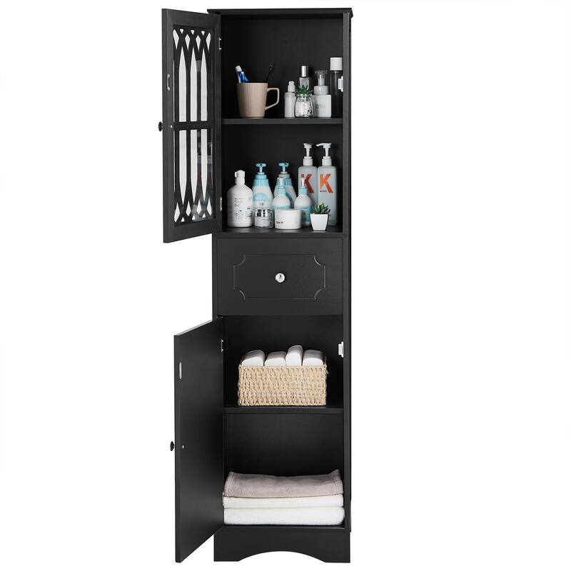 Freestanding Adjustable Storage Cabinet with Metal Knobs, Acrylic Panel Door Cabinet, Groove Pattern Drawer and Door Cabinet