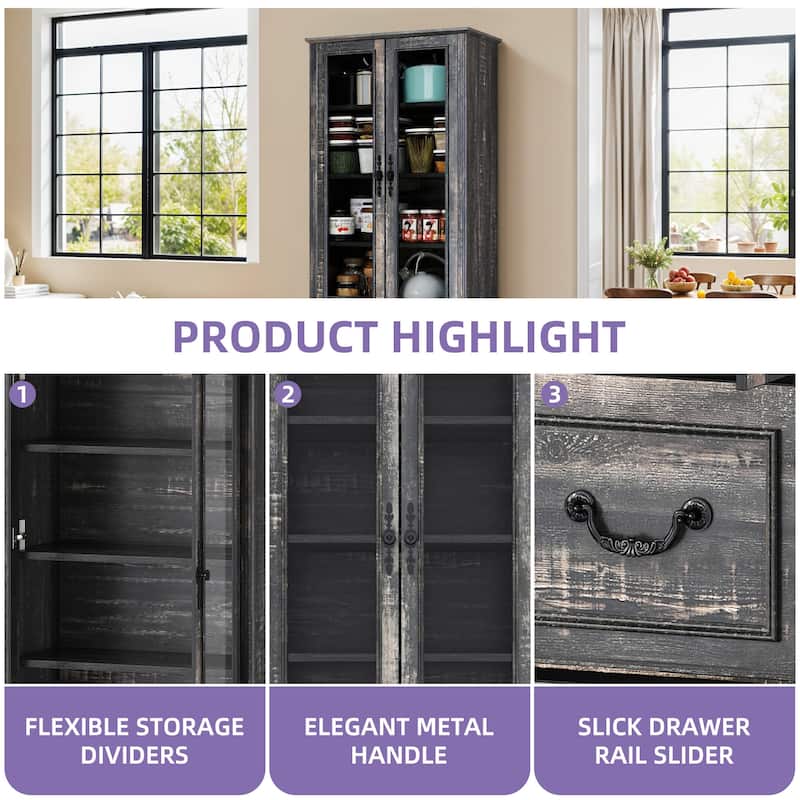 76" Tall Display Cabinet with Glass Doors Bookcase Accent Living Room Hallway