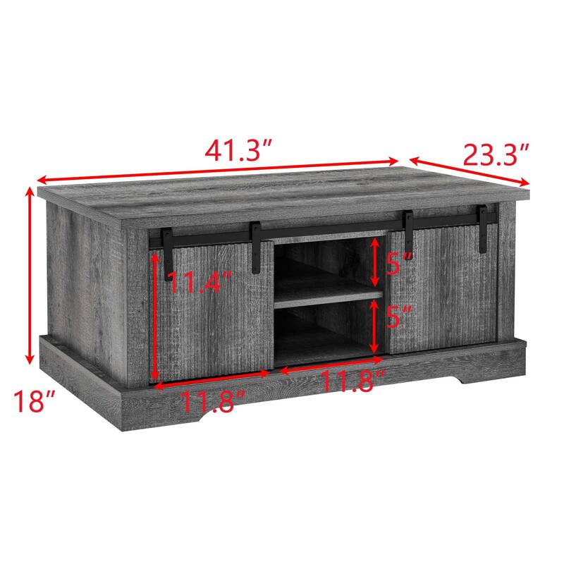 41.3 Inch Coffee Table with Storage and Sliding Wood Door, Farmhouse and Industrial Cocktail Table with Adjustable Shelv