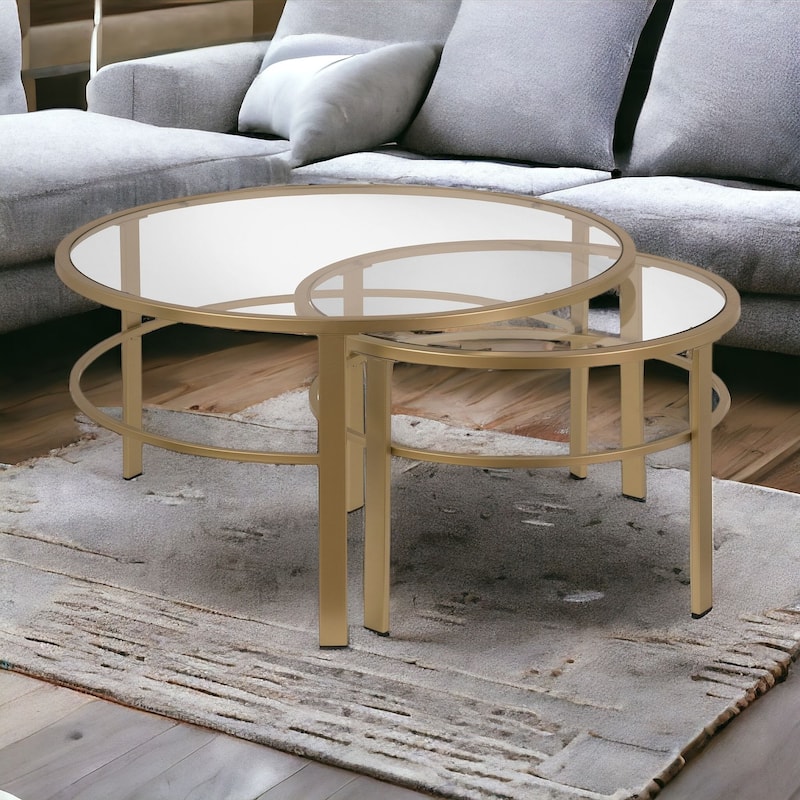 Set of 2 Round Nesting Coffee Tables with Clear Glass Top and Steel Base Modern Living Room Accent - 36"L x 36"W x 18"H