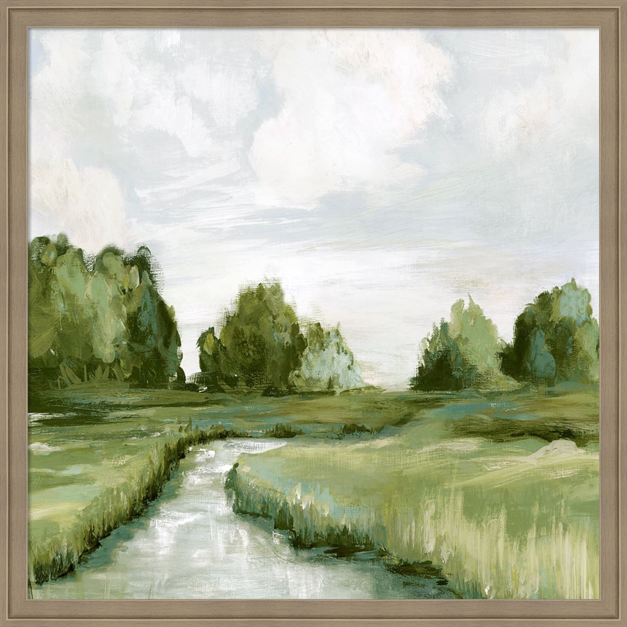 Tranquil Stream In Green Fields by PI Studio Framed Mounted Canvas Wall Art Print