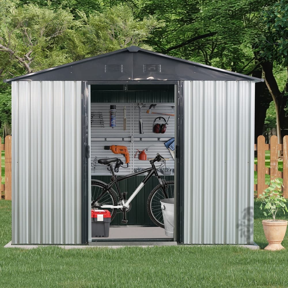 Rust-proof Metal Garden Shed with Lockable Sliding Door & Tilted Roof, Waterproof Storage Shed Tool Shed