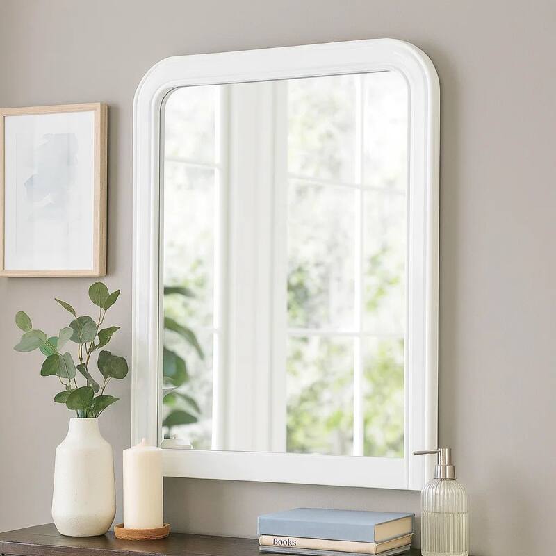 37 Inches Wooden Mirror with Curved Edges, White