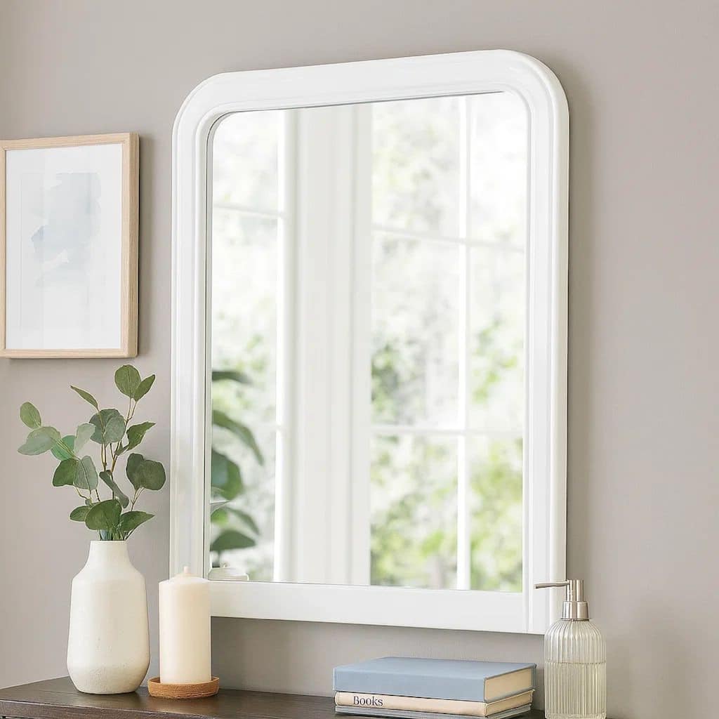 37 Inches Wooden Mirror with Curved Edges, White