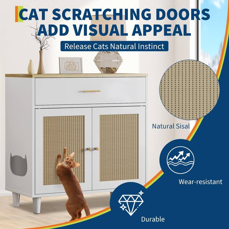 Hidden Cat Litter Box Furniture with Storage Drawer, Wood Cats Litter Enclosure Cabinet with 2 Sisal Doors - white