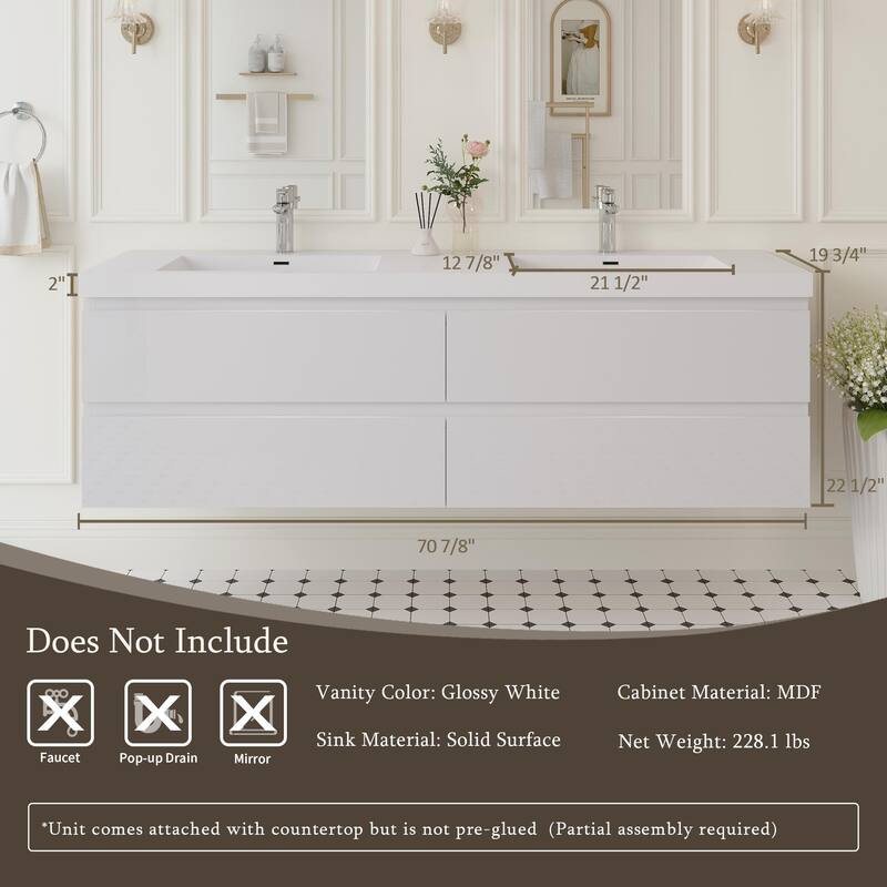 Modern Wall-Mounted Bathroom Vanity with White Solid Surface Top