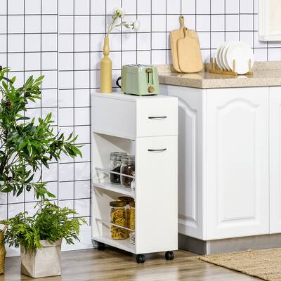 HOMCOM Utility Kitchen Cart, Rolling Kitchen Island Storage Trolley with Drawer and Open Shelves, White
