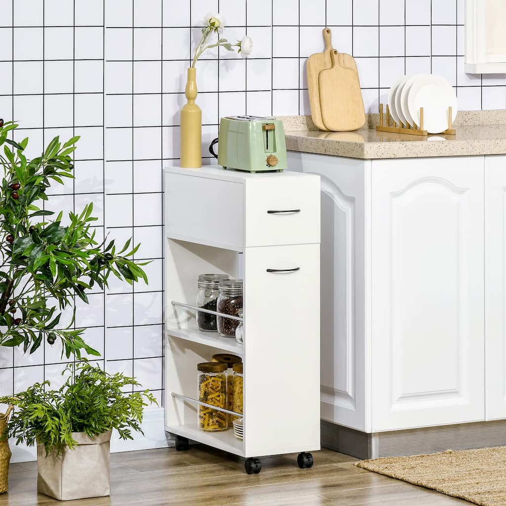 HOMCOM Utility Kitchen Cart, Rolling Kitchen Island Storage Trolley with Drawer and Open Shelves, White
