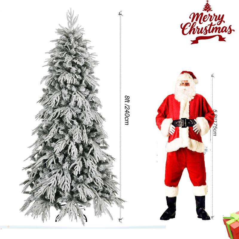 7ft/8ft Slim Flocked Pre-Lit Christmas Tree with 767/950 Tips and 250/350 Warm LED Lights, Metal Stand