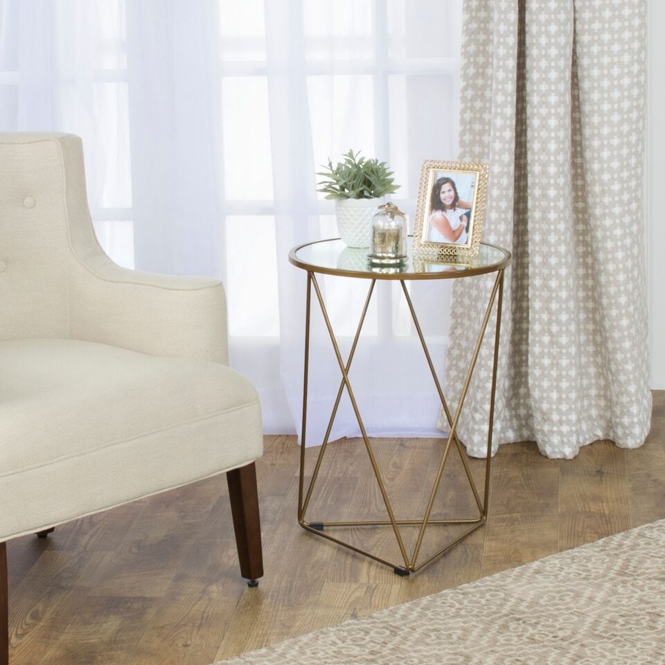 HomePop Metal Accent Table Triangle Gold Base Round Mirror Top
