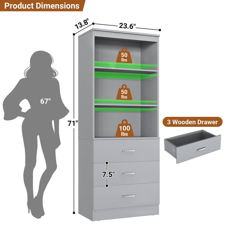 23.6" W Closet System with 3 Wooden Drawers and Storage Shelves, 2FT Sturdy Walk-in Organizer Storage Unit