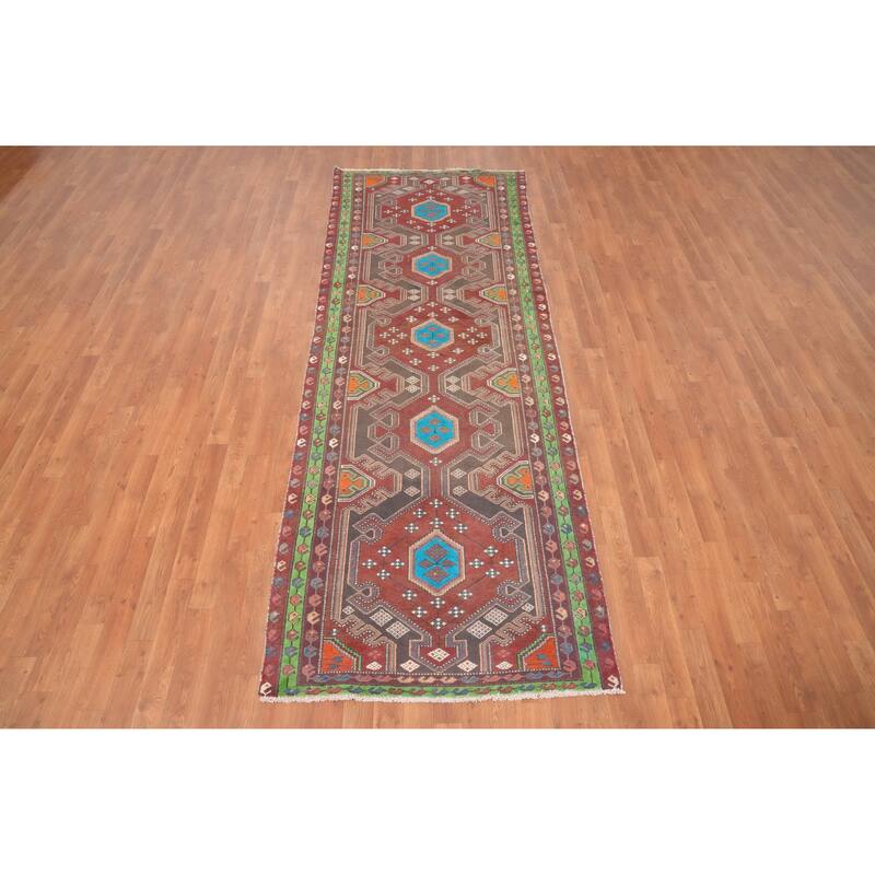 Hand Knotted Oriental 100% Wool Carpet Traditional Geometric Red Bakhtiari Runner Rug - 9' 11'' X 3' 6''