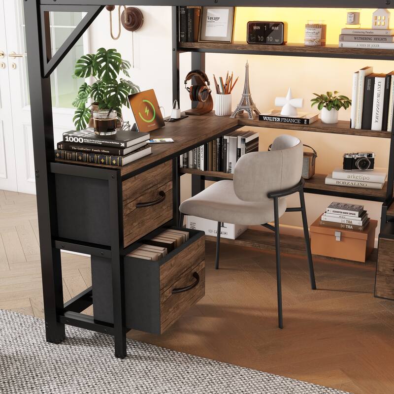 Roomfitters Full/Queen Loft Platform Bed, LED Charging Desk and Wardrobe Shelves with Metal Frame for Bedroom or Guest Room