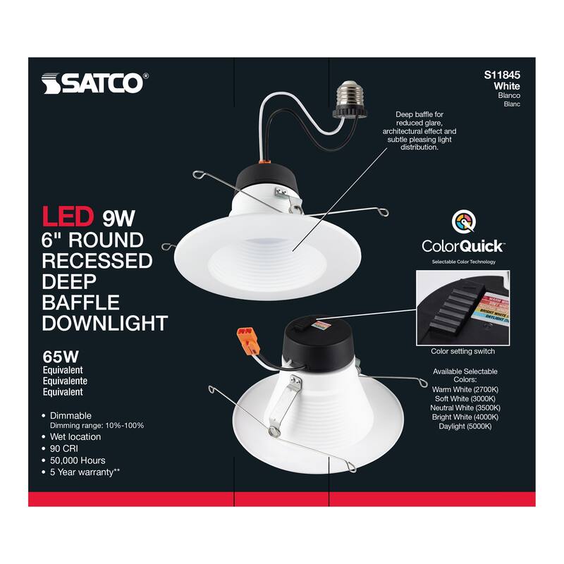 9 Watt 6 inch Deep Baffle CCT-Selectable Recessed LED Downlight