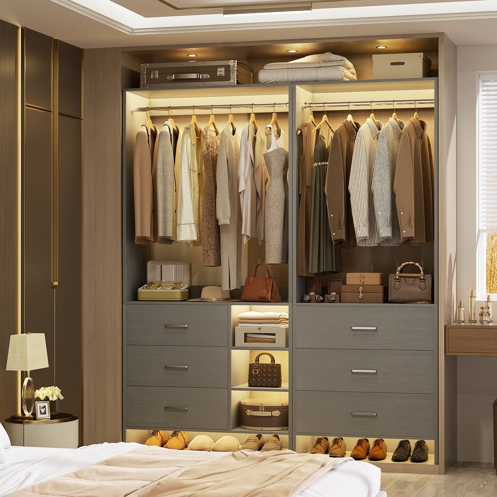 Cimly Set of 2 Closet Organizer with Drawers, Closet System with Hanging Rods and Storage Shelves