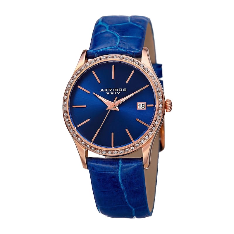 Akribos XXIV Women's Minimalist Dial Crystal Accent Leather Strap Watch
