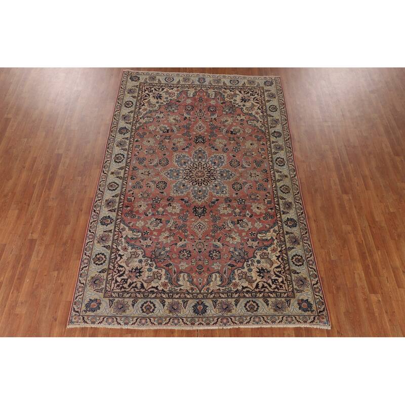 Pink Isfahan Persian Vintage Area Rug Hand-Knotted Wool Carpet - 6'7"x 10'2"