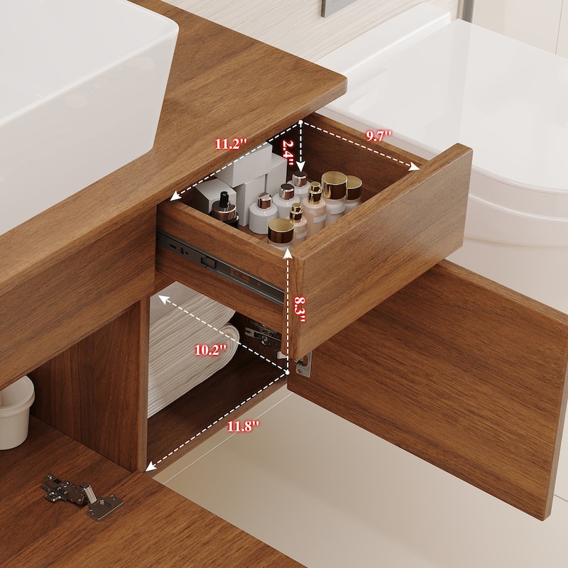 Floating Single Small Bathroom Vanity with Integrated Vessel Ceramic Sink and Multi-layer Storage Solid Wood Cabinet