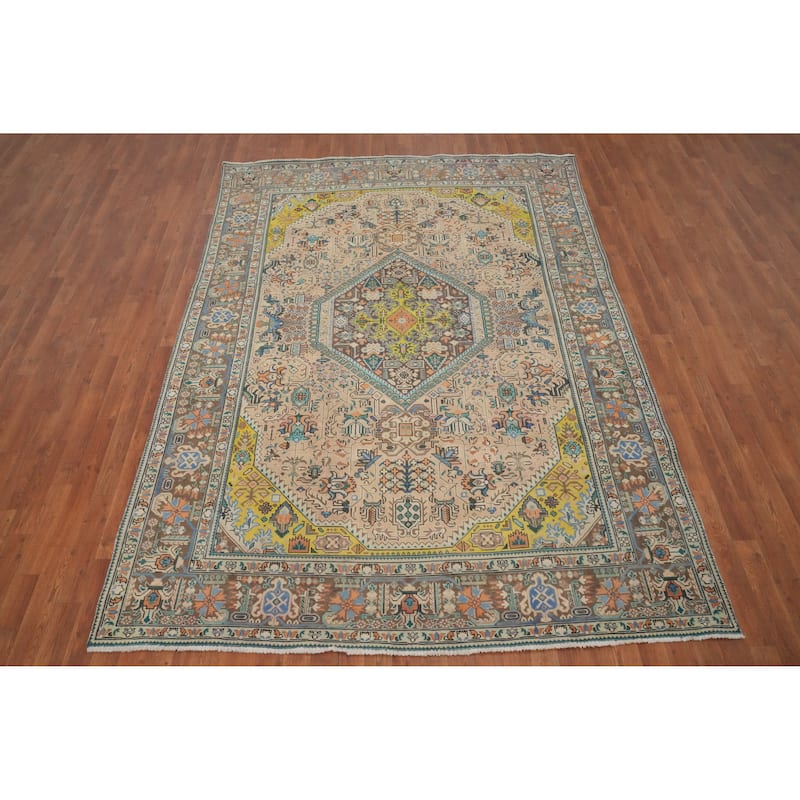 Hand Knotted Oriental 100% Wool Carpet Traditional Floral Peach Tabriz Area Rug - 9' 4'' X 6' 7''