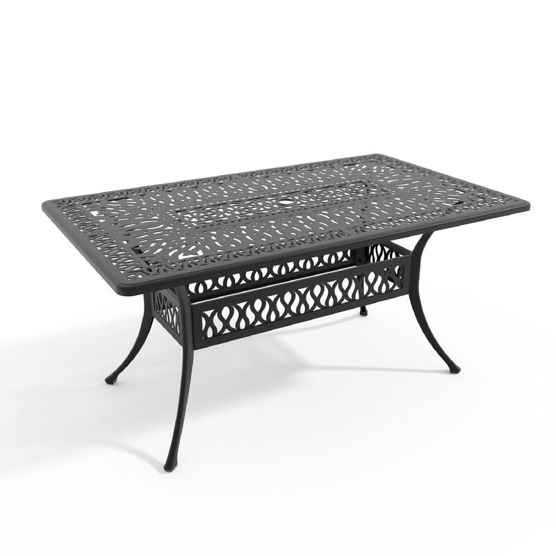 58.27" x 34.65" Outdoor Patio Rectangular Cast Aluminum Dining Table with Umbrella Hole for 6 Person