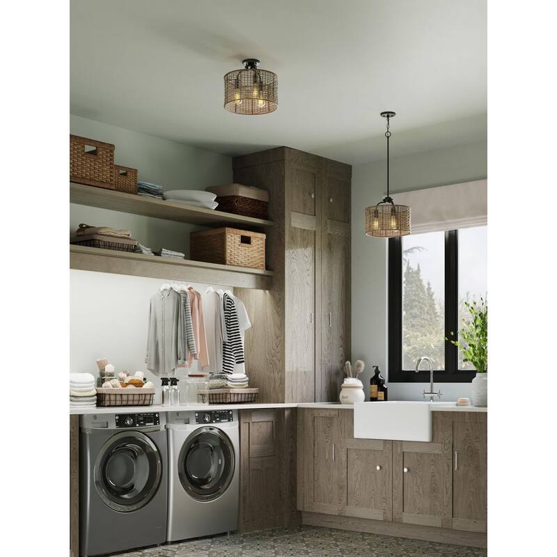 Lavelle Collection 3-Light Rattan Black Semi-Flush Mount Ceiling Light - 15.625 in x 15.625 in x 14.375 in