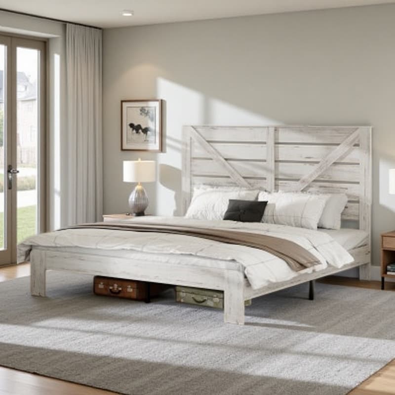 King Wood Platform Bed Frame with Headboard, Metal Support System, Industrial Style, Noise-Free, No Box Spring Required