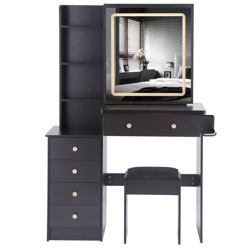 37" Middle Size Left Bedside Cabinet Vanity Table + Cushioned Stool Dresser Set, Large Touch Control LED Sliding Mirror