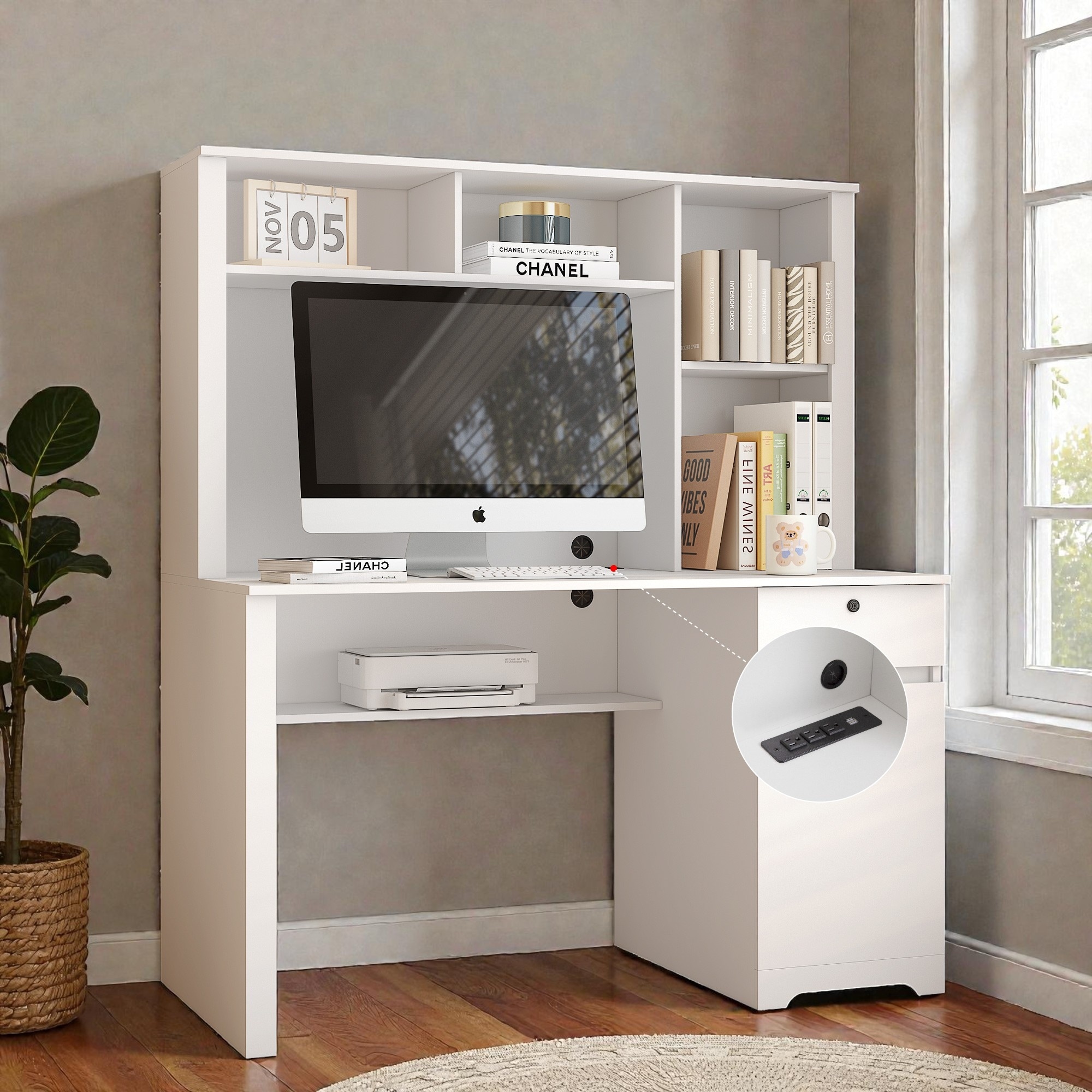 Computer Desk with Hutch and Bookshelf, Executive Home Office Desk with Locking Drawer and Charging Station