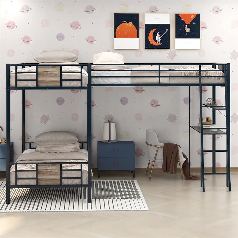 Merax L-Shaped Twin over Twin Bunk Bed with Twin Loft Bed with Desk and Shelves