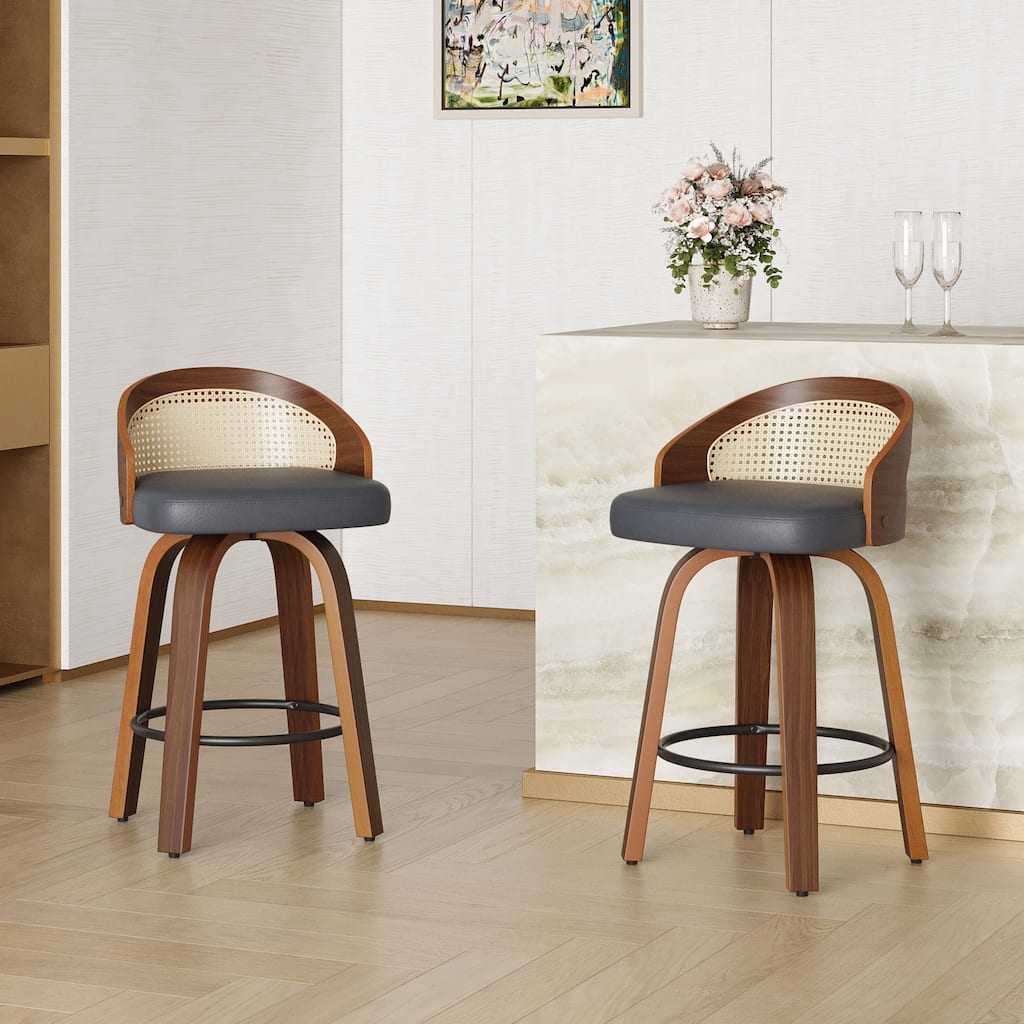 Swivel Bar Stools Set of 2, Modern Wood Frame with Rattan Back, PU Leather Stool for Kitchen Counter, Upholstered Barstools