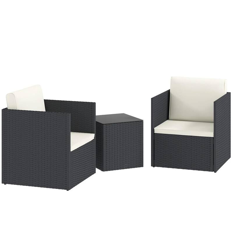 Folding Wicker Bistro 3-Piece Outdoor Set with Cushions and Glass Top