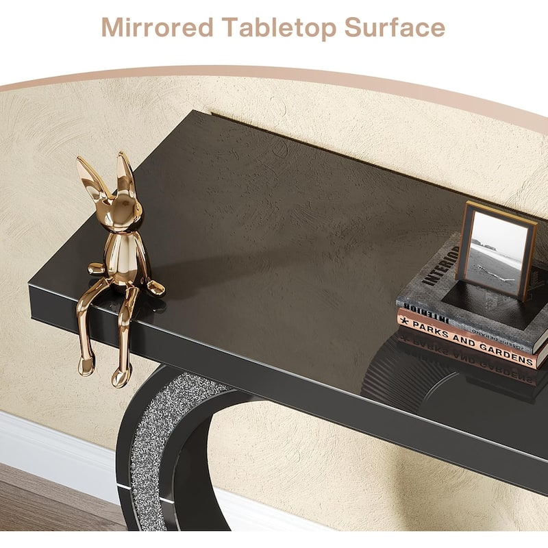 39-inch Mirrored Console Table for Entryway, Modern Silver Glass Sofa Table with Sparkling Crystal Inlays