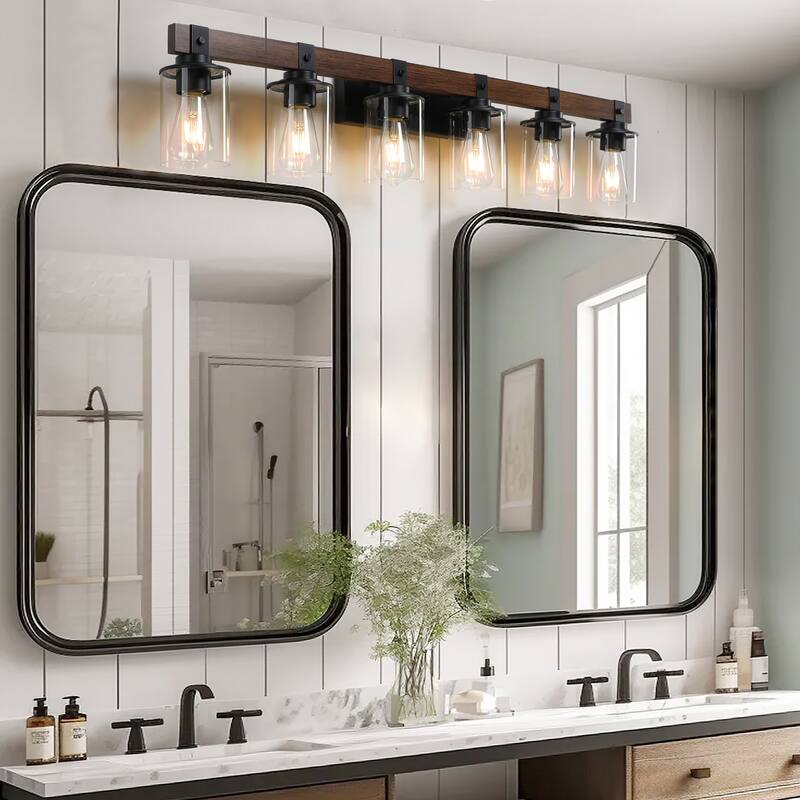 42" Rustic 6-Light Vanity Light, Industrial Bathroom Wall Sconce with Glass Shades and Wood Accent (No Bulbs) - Walnut