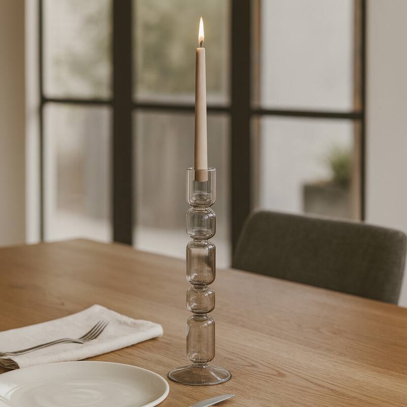 Modern Candle Holder with Stacked Sculptural Glass Base - Smoke