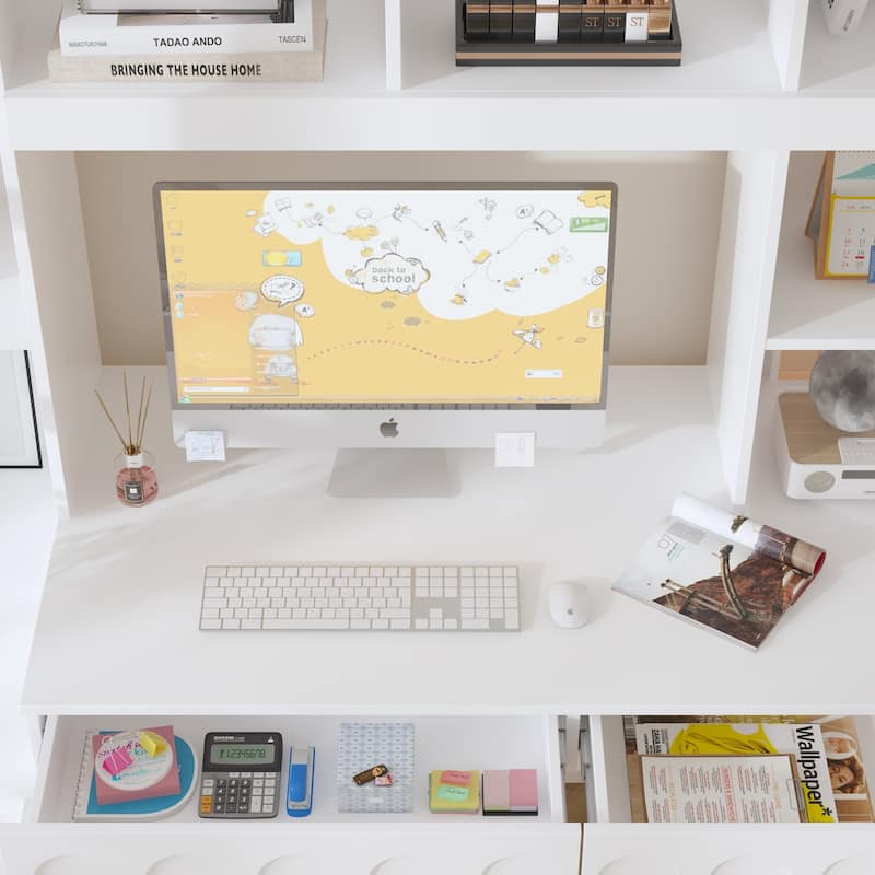 Multi-Tier Bookcase Built-In Desk - Space-Saving Design Home or Office