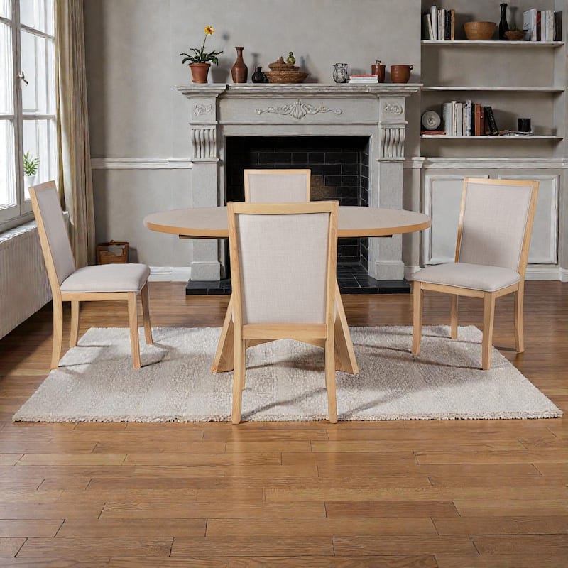 5-Piece Farmhouse Extendable Round Dining Table Set with 18" Removable Leaf and 4 Upholstered Chairs for Small Spaces