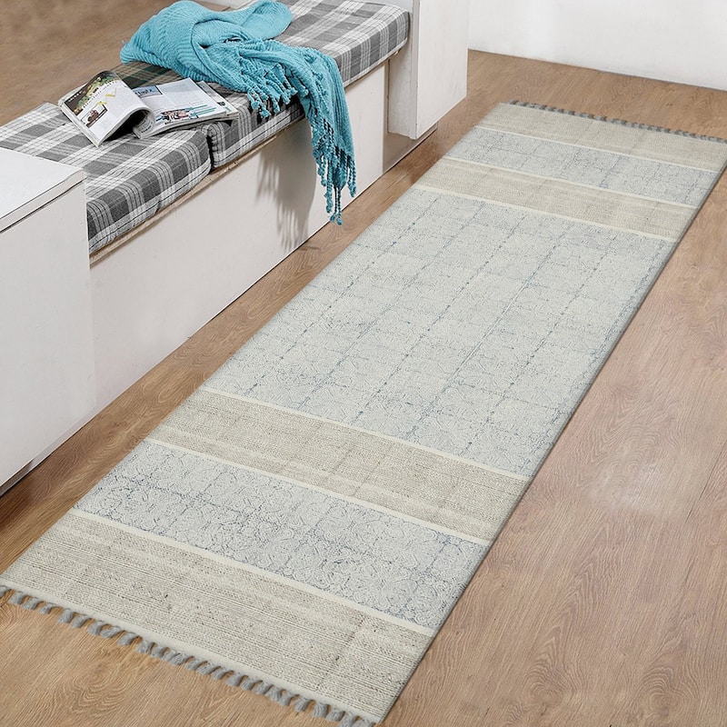 Handmade Transitional Oriental Flatweave Cotton Rug - 2'6" x 8' - Stone Blue