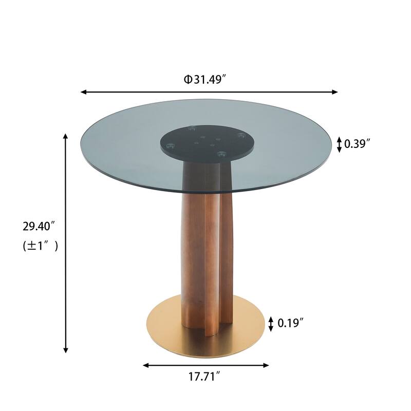 Modern Round Dining Table, 33.5" Tempered Glass Table with Wooden Leg & Gold Base, 2 - Person Kitchen Table for Small Space