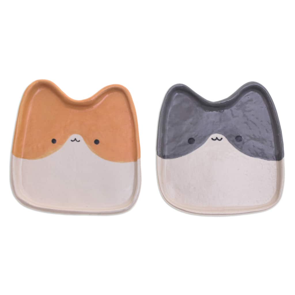Novica Handmade Dual Felines Ceramic Catchalls (Set Of 2)