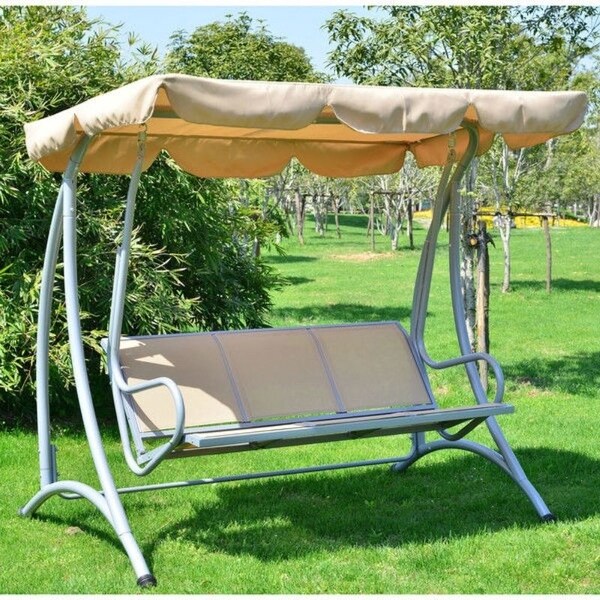 Sturdy 3 Person Outdoor Patio Porch Canopy Swing in Sand Color